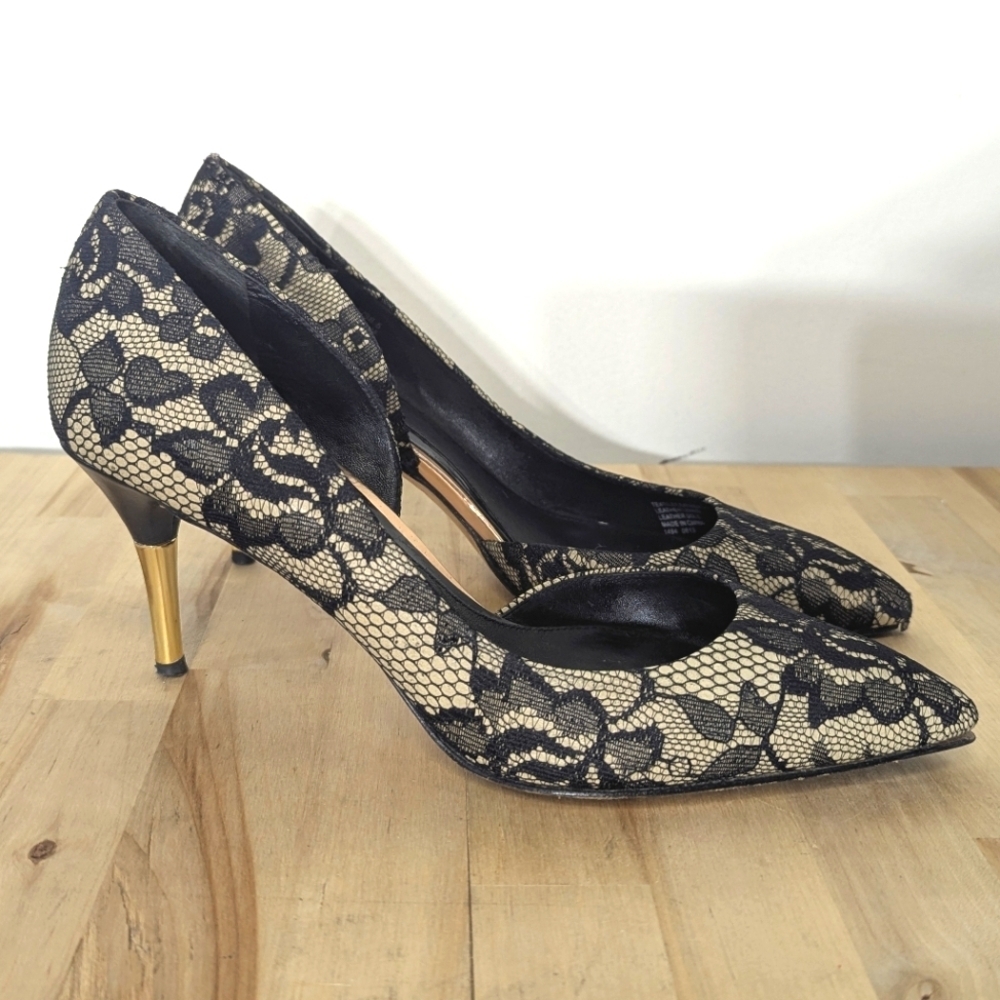 Brian Atwood Black Lace Overlay and Gold Heels D Orsay Stiletto 38.5 8